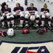 ST. CATHARINES, CANADA - JANUARY 09: (From left to right) Taylor Heise #23, Jesse Compher #14, Rebecca Gilmore #24 and Sydney Brodt #11 of Team USA prepare for their match against Team Russia during preliminary round action at the 2016 IIHF Ice Hockey U18 Women's World Championship. (Photo by Francois Laplante/HHOF-IIHF Images)

